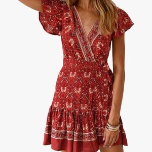 Zesica  Red And Blue Floral Bohemian Country Chic Women's Dress